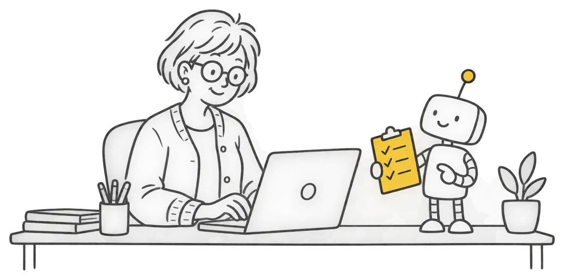 Rajz: egy iskolaigazgató laptopon kérdőívet tölt ki, mellette egy kis robot kipipált listát tart.